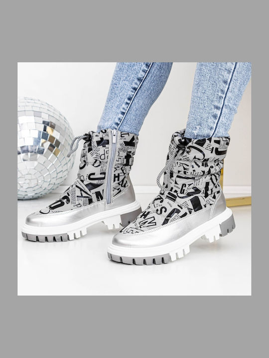 Ghete Dama Ankle Boots cu Blană Argintii
