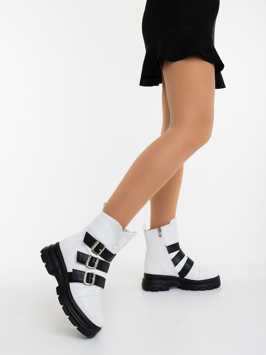 Ghete de Piele Dama Ankle cu Blană Albe