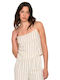 Women's Summer Linen Blouse with Spaghetti Straps and Zipper Striped Cream