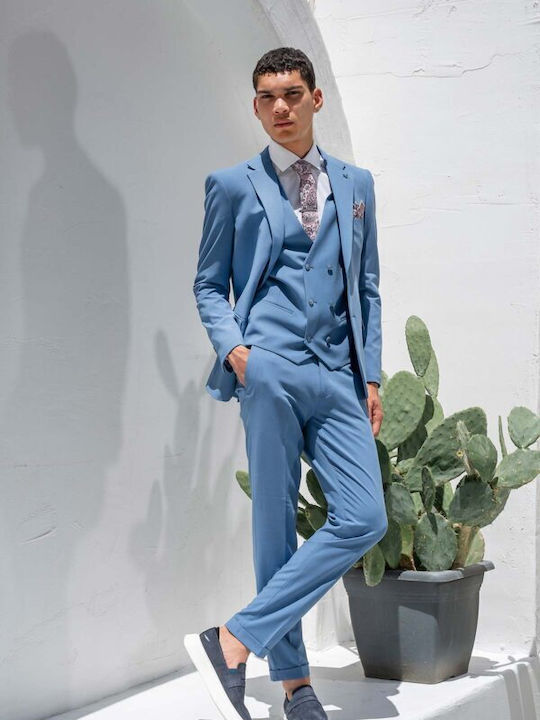 Summer Men's Suit with Vest Slim Fit Blue