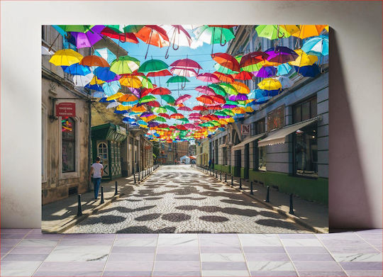 Painting Colorful Umbrellas Over Street Multicolored Umbrellas Above Street 120x80