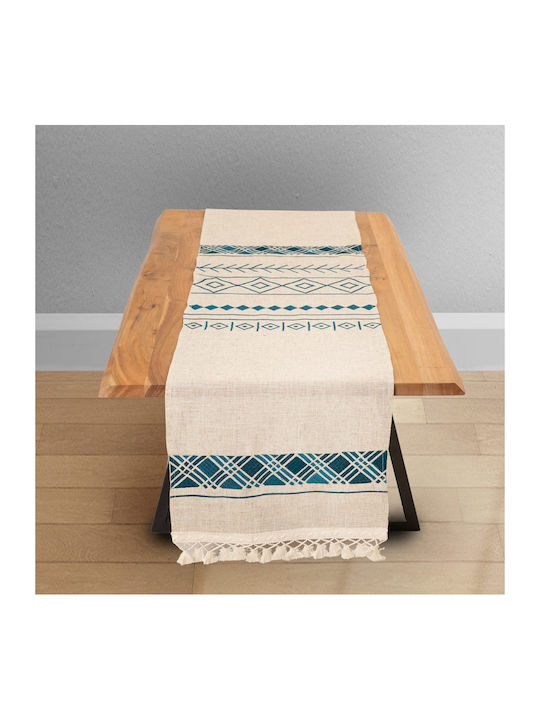 Ilis Home Ράνερ Λινό με Κέντημα Μπεζ/μπλε 40x170εκ.