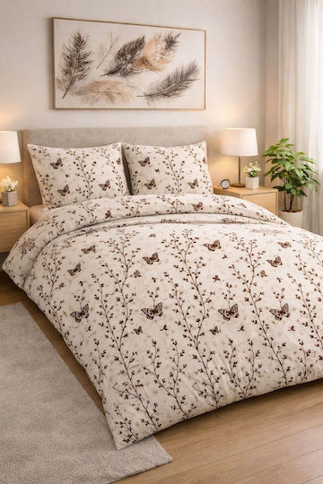 SteweHome Σετ Παπλωματοθήκη Βαμβακερή 195x230cm Ημίδιπλη με Μαξιλαροθήκη Καφέ-πεταλούδα