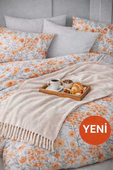 SteweHome Σετ Παπλωματοθήκη Βαμβακερή 195x230cm Ημίδιπλη με Μαξιλαροθήκη Πορτοκαλί-γκρι