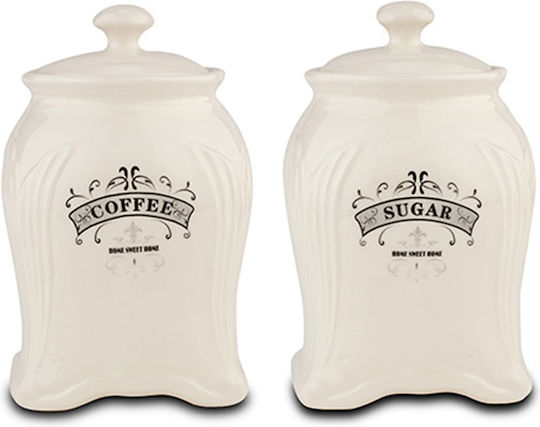 Nava Terrestrial Set 2 Pieces Porcelain Coffee Sugar Tea Jars with Lid White 850ml