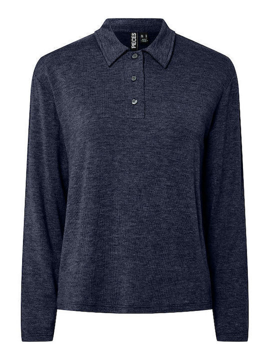 Pieces Women's Polo Blouse Long Sleeve Light Blue
