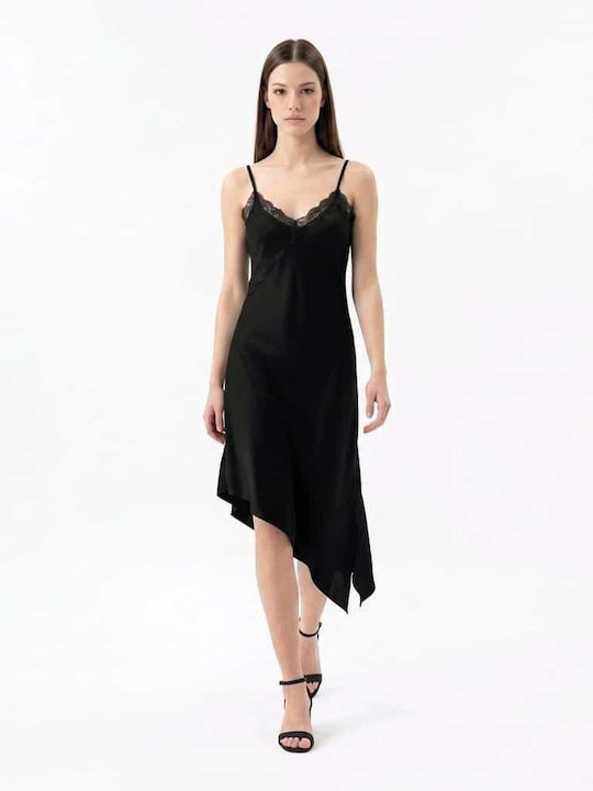 Summer Evening Slip Dress Satin with Lace Black