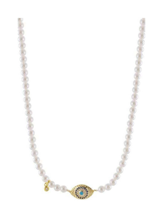 Oxette Necklace Eye Made of Gold Plated Silver with Pearls and Zircon