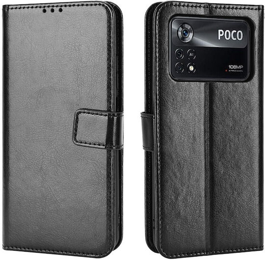 Tel1 Xiaomi Poco X4 Pro 5G Crazy Horse Textură Orizontală Husa Tip Carte Neagră