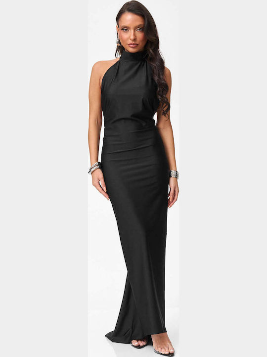 Maxi Evening Satin Open Back Dress Black