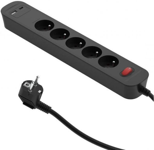 Duwi Захранваща Лента 5 Гнезда с 2 USB-A Превключвател и Кабел 1.4m Сива