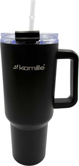 Kamille Stainless Steel Thermos Glass 1.2lt Gray with Handle Straw and Mouthpiece