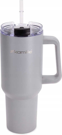 Kamille Ποτήρι Θερμός Ανοξείδωτο 1.2lt Γκρι με Λαβή, Καλαμάκι και Επιστόμιο