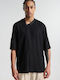 Short Sleeve Linen Shirt in Wide Fit Black