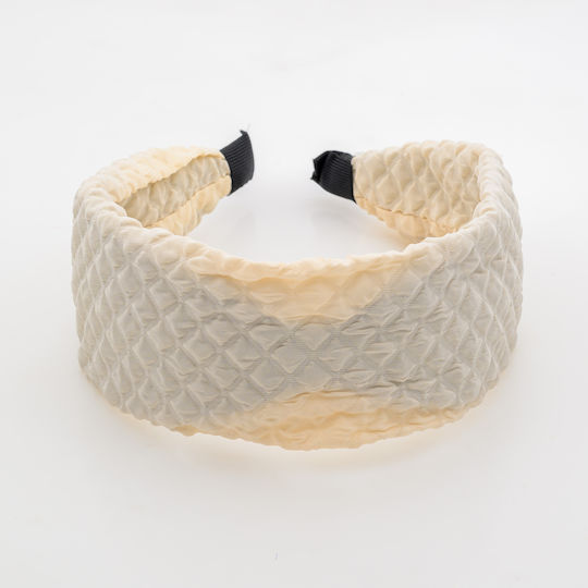 Wide Women's Hair Headband Embossed Quilted Design Ecru