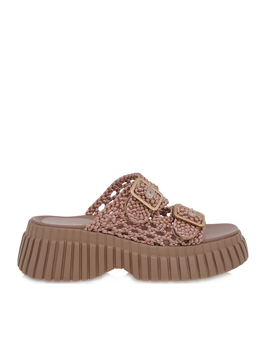 Deri Damen Flatforms Rosa Gold
