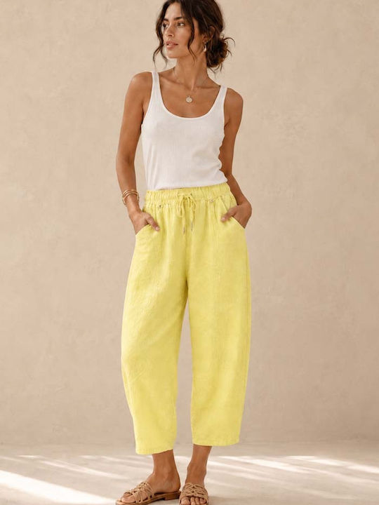Women's Linen Pantaloons with Rubber Band in Relaxed Fit Yellow