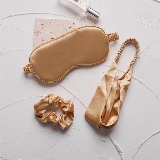 Set Sleep Mask Imitation Silk Satin Set 3 Pieces Night Sleep Eyemask Elastic Band Hair Scrunchie Gold
