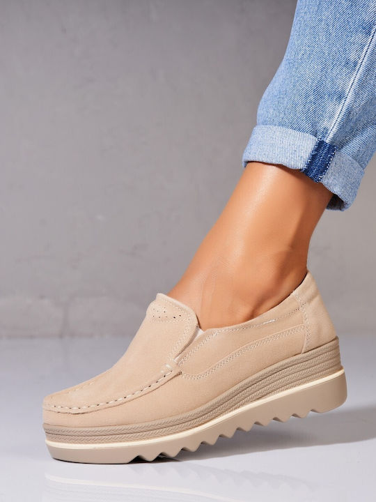 Botinelli Leather Women's Moccasins in Beige Color