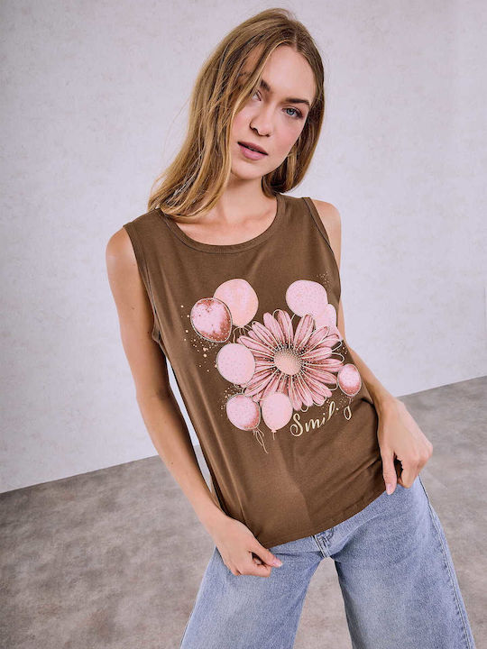 Celestino Top Print Strass Loose Fit Brown