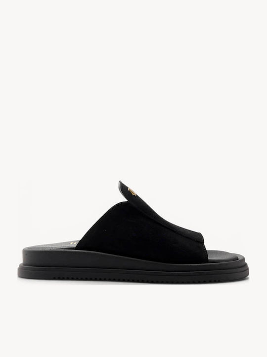 Schwarze Flatforms Breite Ferse Mit Metallischer Detail