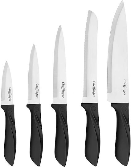 Cheffinger 6-piece Stainless Steel Knife Set Wooden Storage Block Ergonomic Handles Black Silver