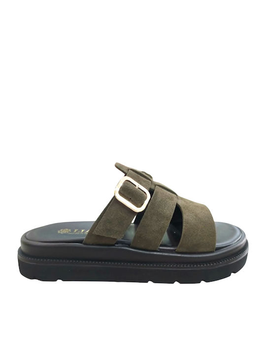 Δερμάτινα Γυναικεία Σανδάλια Flatforms Χακί