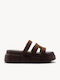 Brown Leather Chunky Flatform Slides Laser Cut Strap