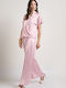 Women's Satin Trousers with Rubber Band in Loose Fit Pink