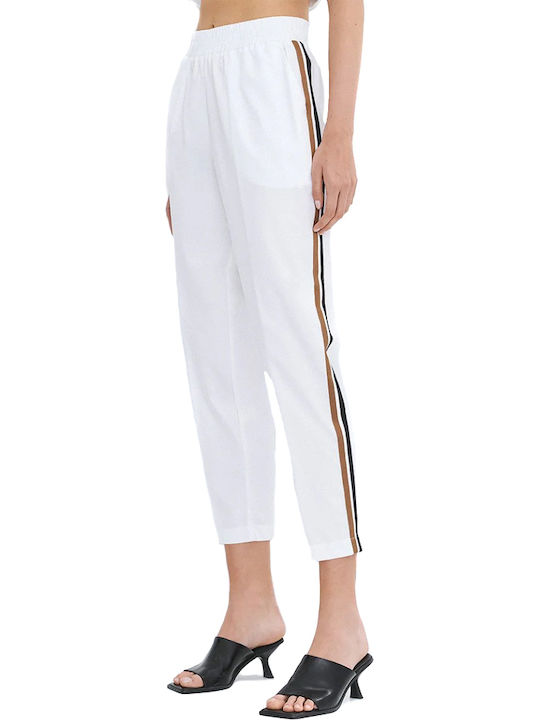 Women's High Rise Fabric Trousers with Rubber Band in Regular Fit Striped White