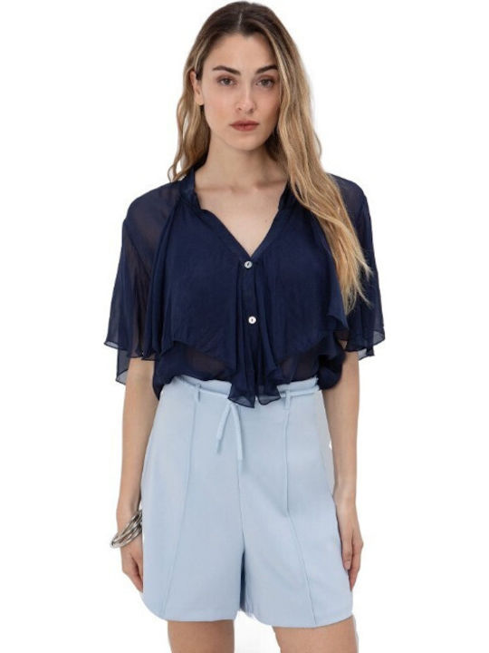 Toi&Moi Long Sleeve Women's Silky Shirt Navy Blue
