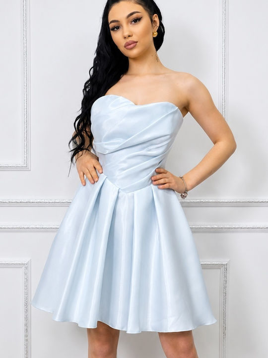 Καλοκαιρινό Mini Βραδινό Φόρεμα Strapless με Τούλι & Διαφάνεια Blue