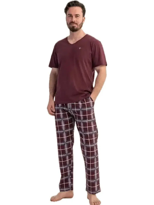 Vienetta Secret Summer Checked Men's Pyjama Cotton Burgundy