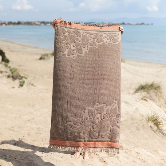 White Fabric Herringbone Beige Beach Towel with Fringes 80x160cm