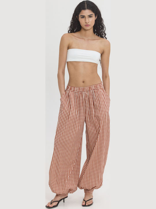 Damen Stoffhose mit Gummiband Geprüft Rotes Karomuster