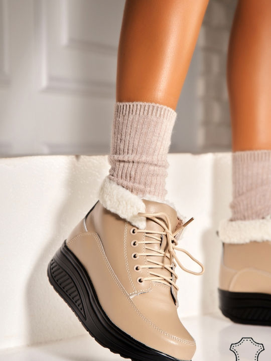 Leather Women's Ankle Boots Beige