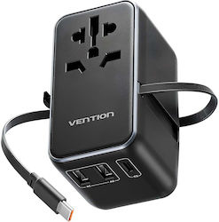 Vention Universal Travel Adapter 3 Usb Ports Usb-c Cable Gan Technology Black