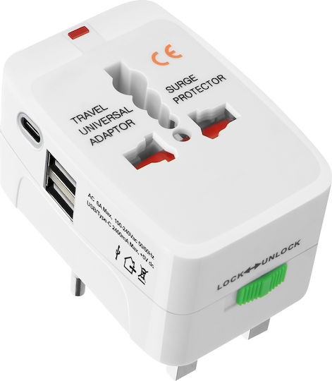Avizar Adaptor Universal de Călătorie USB USB-C Protecție la Supratensiune Alb