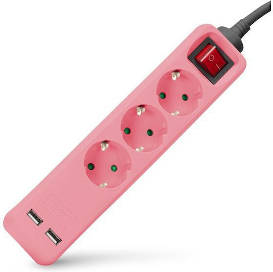 Entac Entac Steckdosenleiste Sicherheit 3 Anschlüsse mit 2 USB-A, Schalter und Kabel 1,5 m Rosa