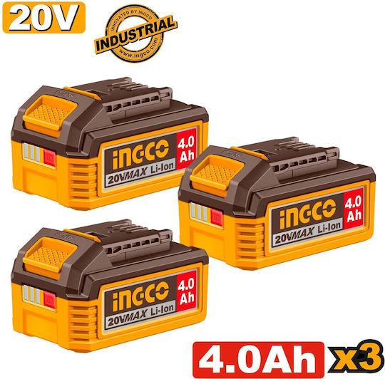 Ingco Set 3 Lithium Werkzeugbatterien 20V mit Batteriekapazität 4Ah