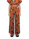 Damen Hochgeschnittene Baumwollpantaloons mit Gummiband in Breit Bein Stil Rot- Schwarz- Orange S26A8177-Black