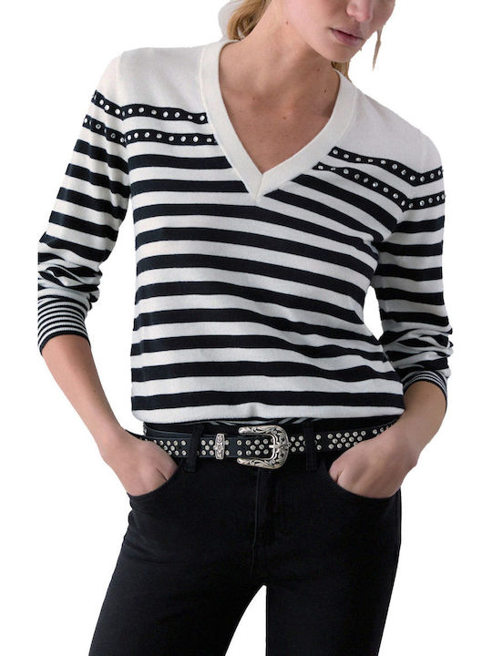 Women's Blouse with V-Neckline Striped Ecru-Black