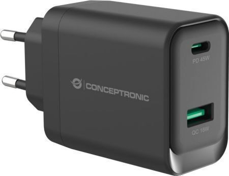 Conceptronic Φορτιστής Χωρίς Καλώδιο GaN με Θύρα USB-A και Θύρα USB-C 45W Power Delivery / Quick Charge 3.0 Μαύρος (ALTHEA20B45)