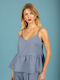 Women's Cotton Blouse with Spaghetti Straps Checked Blue