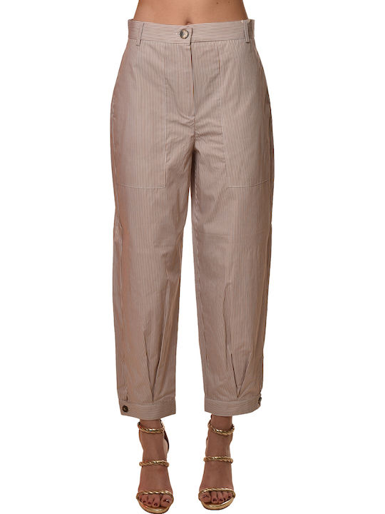 Women's Fabric Striped Beige Trousers