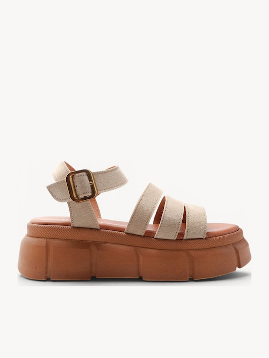 Beige Leder Multi Strap Chunky Flatforms