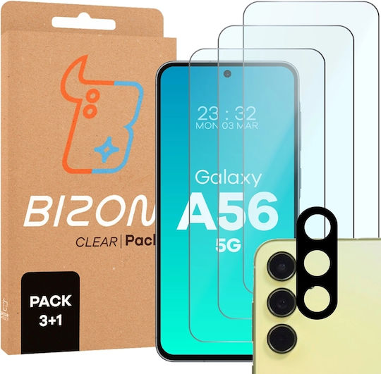 Bizon Glass Clear Set Protecție 4în1 3 Folii Protectie Telefoane Sticlă Pentru Ecran + 1 Folie Protectie Lentilă Cameră Compatibil Samsung Galaxy A56 5g Transparent