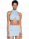 Women's Crop Cotton Sleeveless Top with Zipper Light Blue
