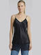 Women's Satin Blouse with Spaghetti Straps Floral Black
