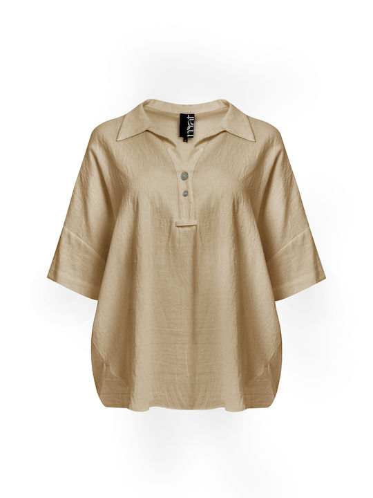 Women's Summer Linen Short Sleeve Blouse Beige